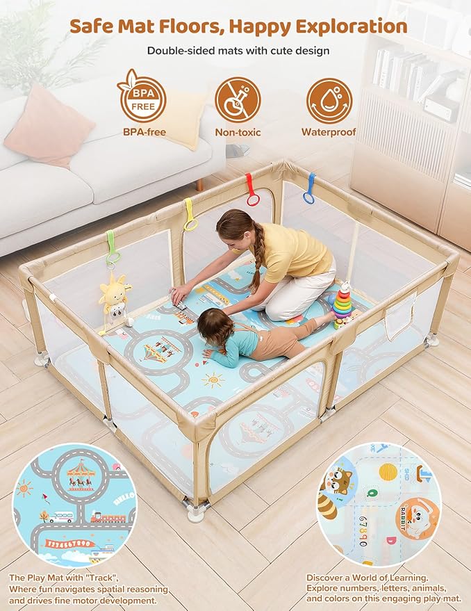 Dripex Baby Playpen with Mat, 71"x47" Play Pen for Toddlers 1-3 Years, Soft Breathable Visible Mesh, Indoor/Outdoor Portable Play Yard with Mat, Safe Baby Fence Play Area, Khaki