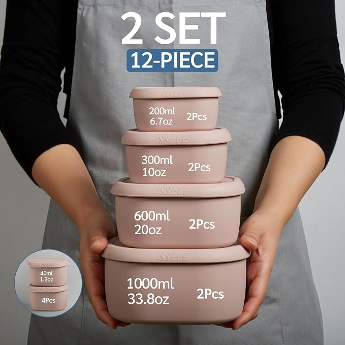 ISSEVE 12Pcs/Set Nesting Silicone Food Storage Containers with Lids, BPA Free Reusable Meal Prep Silicone Containers Airtight, Freezer Dishwasher Safe (33.8oz, 20oz, 10oz, 6.7oz, 1.3oz) (Pink)