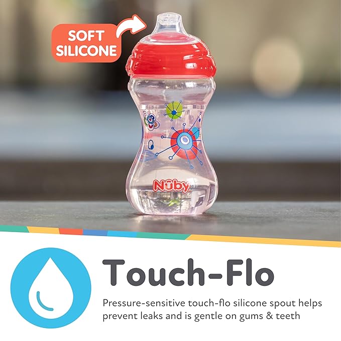 Nuby Clik-It No-Spill Baby Sippy Cup with Soft Spout - (3 Pack) 10 oz - 6+ Months - Red/Blue/Green