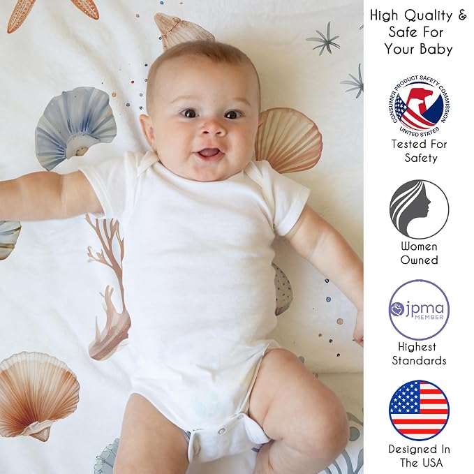 Sweet Jojo Designs Ocean Seashells Boy, Girl, Unisex/Gender Neutral Baby Play Mat Tummy Time Activity, Toddler Floor Infant Playmat - Nautical, Beach Theme, Watercolor, Starfish, Coastal, Aquatic, Sea