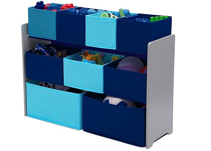 Delta Children Deluxe Multi-Bin Toy Organizer with Storage Bins, Grey/Blue Bins