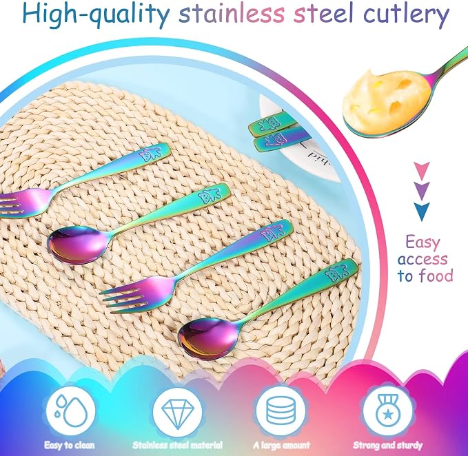 Pimoys 6 Pieces Rainbow Kids Silverware Stainless Steel Child and Toddler Utensils, Children's Safe Flatware Metal Cutlery Set Includes 2 Children Knives, 2 Forks & 2 Spoons