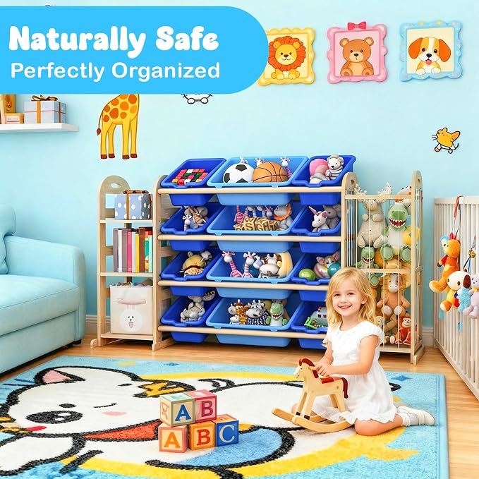 Kids Toy Storage Organizer, Toy Organizers and Storage with Stuffed Animal Storage, Toy Storage Shelf with 3 Shelves, 12 Storage Bins, Kids Bookshelf, Toy Holder for Playrooms, Bedrooms, Blue