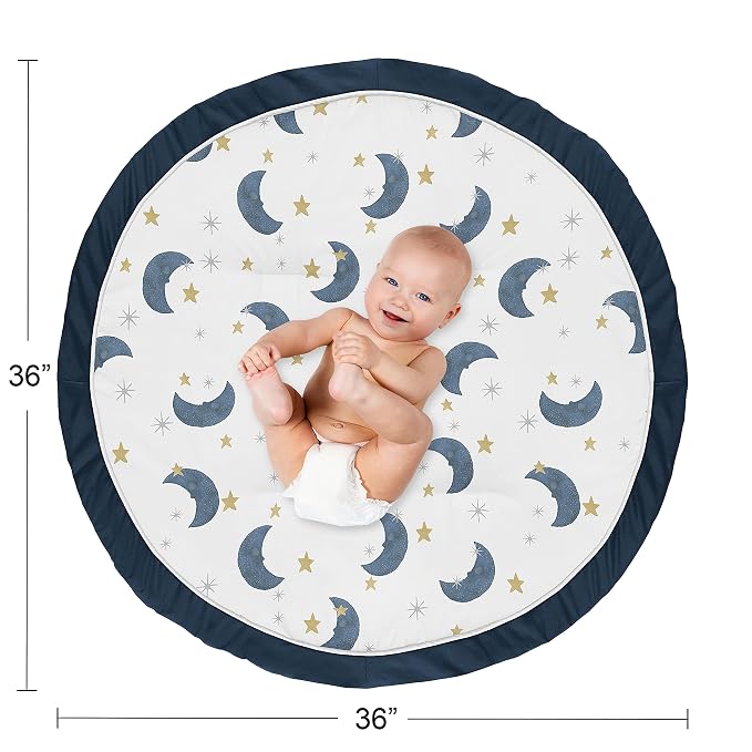 Sweet Jojo Designs Moon and Star Boy or Girl Baby Playmat Tummy Time Infant Play Mat - Navy Blue and Gold Watercolor Celestial Sky Gender Neutral Outer Space Galaxy