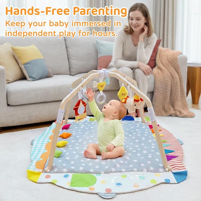 Kizfarm Baby Play Gym Mat, 5 Developmental Zones Wooden Tummy Time Mat, Baby Activity Mat with 5 Detachable Sensory Toys, Stage-Based Development from Newborn Infant, Baby Essentials Shower Gift