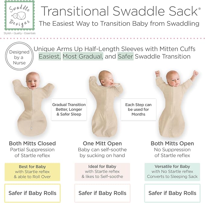 SwaddleDesigns Transitional Swaddle Sack, Arms Up Half-Length Sleeve Mitten Cuff, Most Gradual Transition Swaddle for Newborn