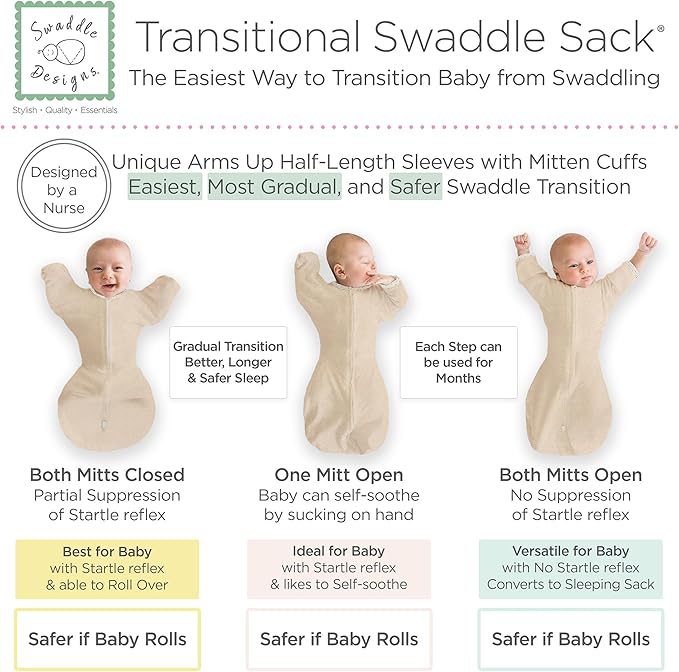 SwaddleDesigns Transitional Swaddle Sack, Arms Up Half-Length Sleeve Mitten Cuff, Most Gradual Transition Swaddle for Newborn