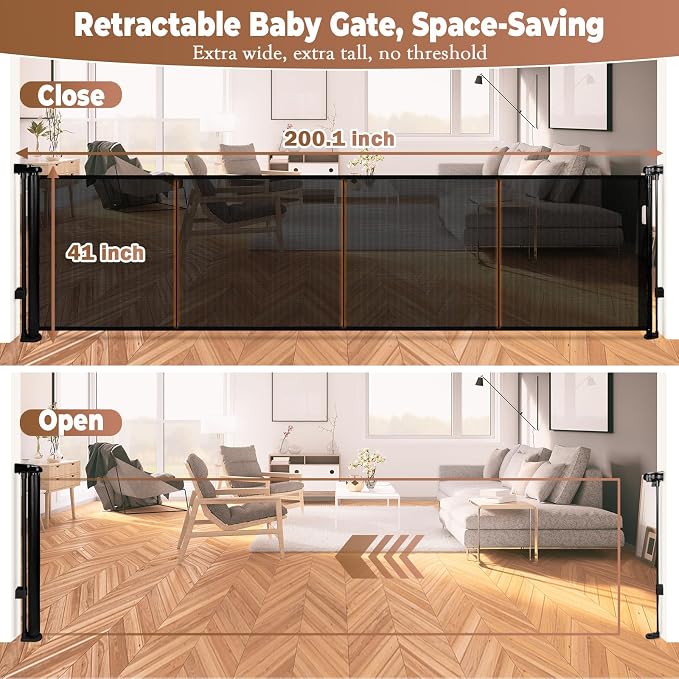200.1" Retractable Baby Gate Extra Wide, 41" Tall Retractable Dog Gate for Stairs, Doorways, Decks, Mesh Gate Long Child Gate Pet Gate for Indoor, Outdoor, with Reinforced Mesh Rods, Dual Locks