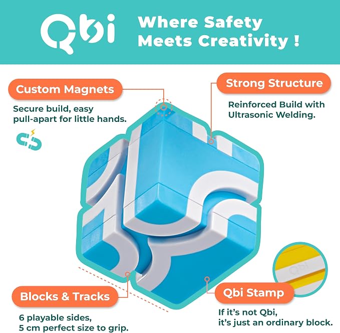 QBI Magnetic Building Blocks Car Track Set, STEM Building Toys for Kids Ages 4-8, Magnetic Cubes with 2 Push-and-Go Cars, Ramps & Track Plates, Montessori Birthday Gift (46PCS)