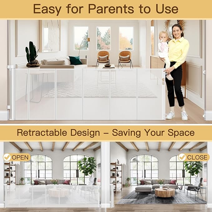 Reinforced 200 Inch Retractable Baby Gates Extra Wide Baby Gate for Large Openings, XL No Sag and Wrinkle Mesh Pet Gates for Wide Openings, Indoor/Outdoor 16 ft Retractable Garage Gate, White