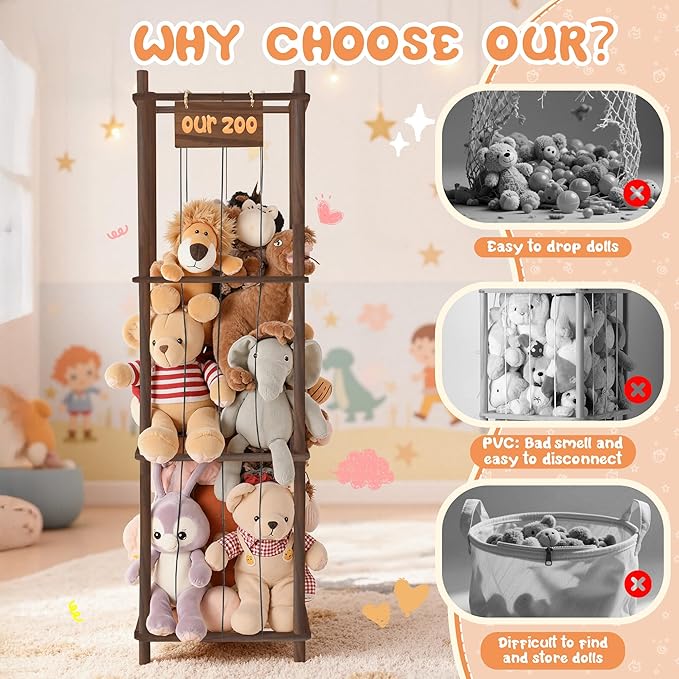 LAMU Stuffed Animal Storage, Wooden Zoo Stuffed Animal Holder with Elastic Cords, Space Save Toy Organizer, Extra Large Capacit Stuffed Animal Organizer for Playroom, Bedroom, Nursery,Brown