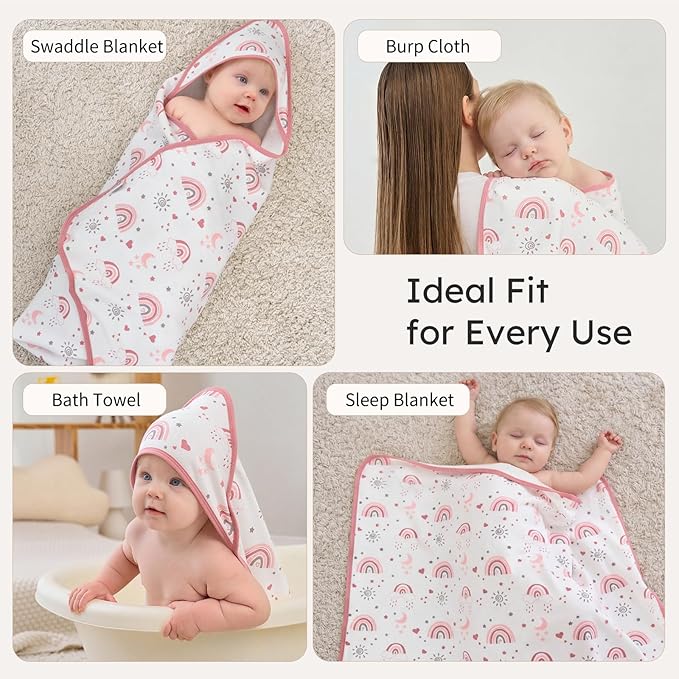 Hooded Baby Towels for Newborn,100% Cotton Baby Bath Towels with Hood for Infant Toddler Girl, 2 Pack 32x32 Inch Soft & Absorbent Knit Terry Bath Essentials Pink Rainbow