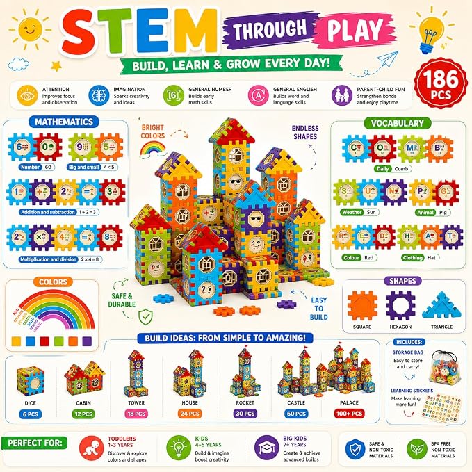 Building Blocks for Toddlers 3-5, 186 Pcs Toy Building Sets - STEM Building Toys, Interlocking Building Blocks for Toddlers and Kids with Storage Bag, for Boys and Girls