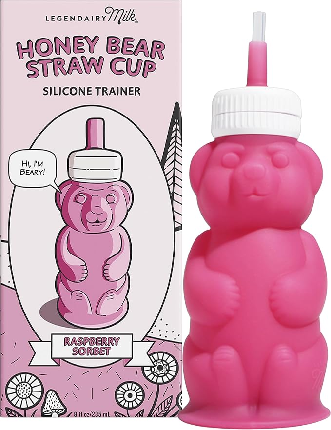 Legendairy Milk Honey Bear Straw Cup for Baby & Toddler, Silicone Squeeze Training Straw Cup, Leak Resistant Baby Sippy Cup with Straw, BPA Free, Dishwasher Safe, Bottle Transition, 8 oz, Pink