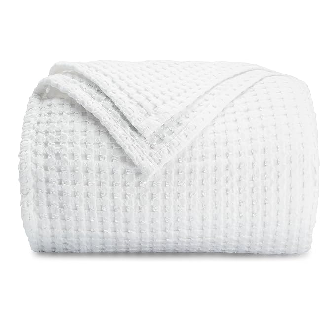 Comfy Cubs 100% Cotton Waffle Weave Throw Blanket Breathable Skin-Friendly Soft Lightweight Blankets - Perfect Warm Textured Blanket Layer - Size for Couch Bed & Sofa (White, 50" X 60")