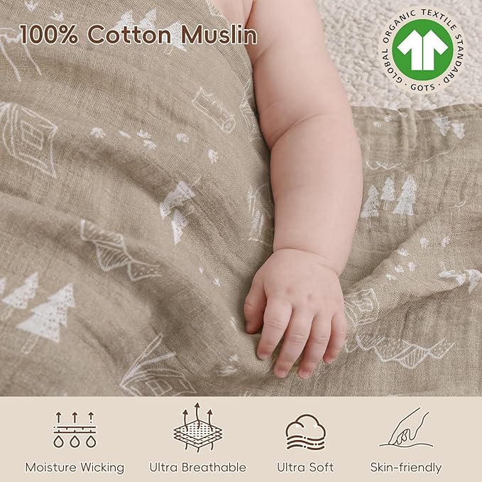 david's kids 4 Pack Baby Muslin Swaddle Blankets, 100% Cotton and Ultra Soft Breathable Receiving Blanket Wrap for Boys Girls, New Born Essentials, Large 47 x 47 inches, Dinasor & Camp