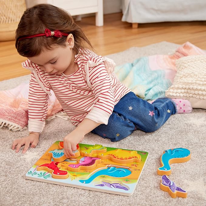 B. toys – Chunky Puzzle 4 Pack: Bus, Sea, Space, Dino – Wooden Puzzles with 8 Pieces Each – Educational Toys for Toddlers Develop Fine Motor Skills & Color Recognition – Fun Learning Activity 2+ Years
