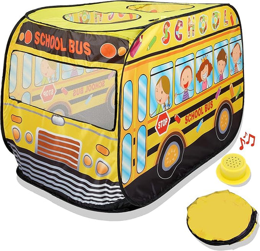 Playbees Musical School Bus Pop Up Play Tent with 3 Openings - Tent for Toddlers - Indoor & Outdoor - Pop Up Tents for Kids - Includes Carry Bag and Sound Button- 43.5x28x26.5 Inch