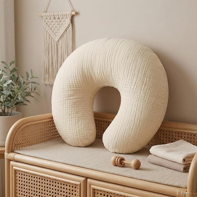 Pro Goleem Muslin Nursing Pillow Cover, 100% Cotton Soft Breathable Feeding Pillow Slipcover for Breastfeeding Moms, Fits Standard Infant Nursing Pillow, for Boys and Girls, 2 Pack (Brown＆Beige)