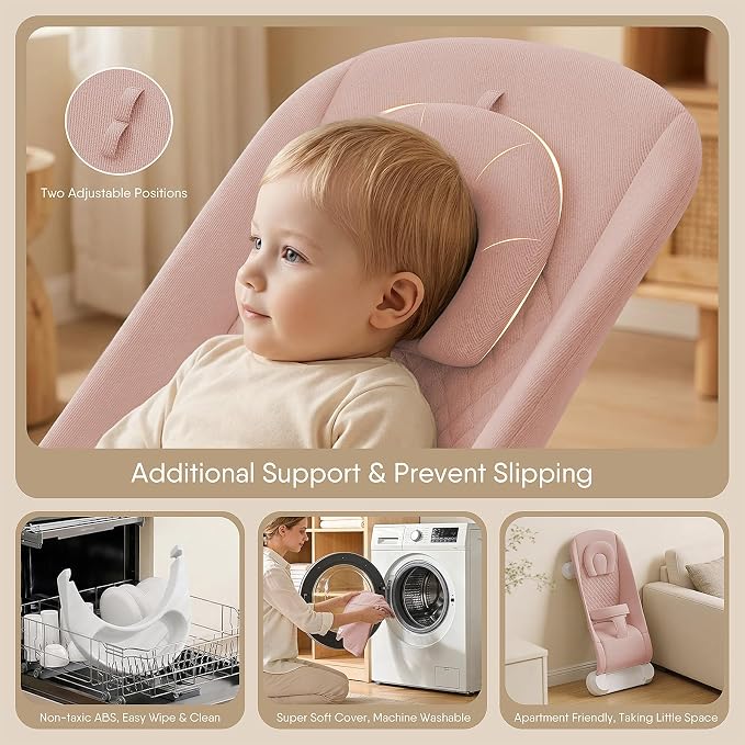 Monamii Baby Bouncer, Baby Bouncer Seat with Detachable Pianos & Feeding Tray, 3-Level Adjustable Positions Bouncing Seat, Infant Bouncer Seat and Toddler Chair (Pink)