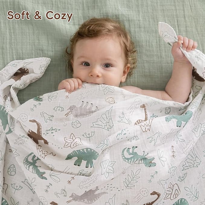 david's kids 4 Pack Baby Muslin Swaddle Blankets, 100% Cotton and Ultra Soft Breathable Receiving Blanket Wrap for Boys Girls, New Born Essentials, Large 47 x 47 inches, Dinasor & Camp