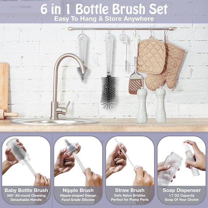 Baby Bottle Brush,6 in 1 Bottle Cleaner Brush Kit with Extendable Silicone Bottle Brush, Drying Rack, Nipple Brush, Straw Brush, Soap Dispenser & Organizer Case, Ideal Gifts for Babies & Moms