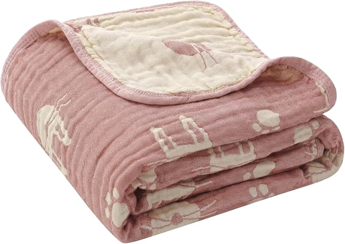 6-Layer Muslin Baby Blanket Made with Organic Cotton - Cute Bunny Rabbit Jacquard Swaddle & Crib Quilt, 43”x 43”,Blush Pink Bunny