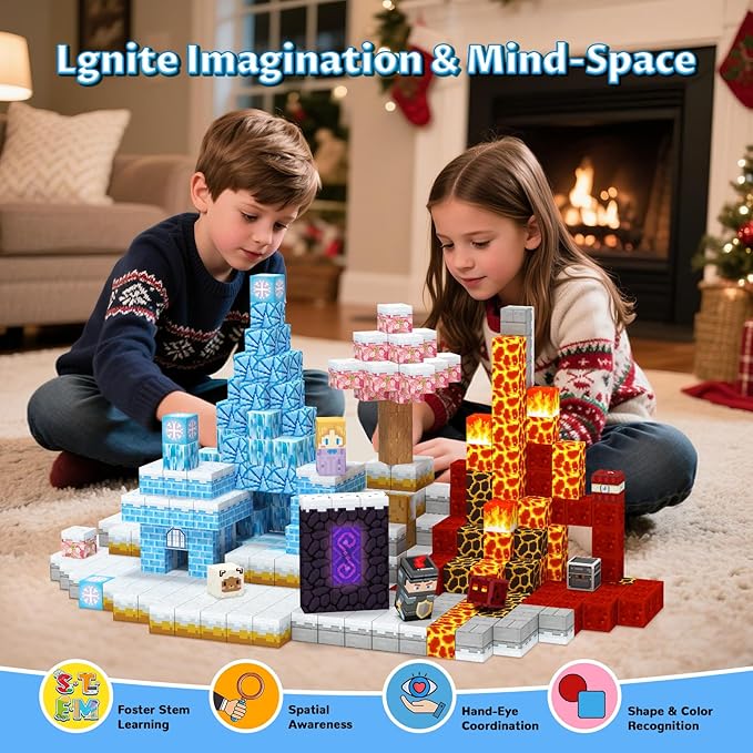 Hiwawind Magnetic Blocks Set, Ice Princess Castle & Lava Realm Fantasy World Building Toys, STEM Montessori Toys for 3 4 5 6 7 8 Year Old Boys Girls, Creative Birthday Gifts for Kids