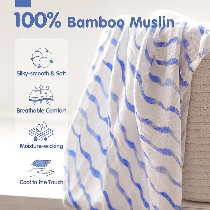 hahaland Muslin Swaddle Blankets Bamboo - 3-Pack, 1 Large (47" x 47") & 2 Standard (38" x 40") - Breathable Silky Soft Receiving Blankets Swaddles for Newborns Baby Boy Gifts Newborn Essentials, Blue