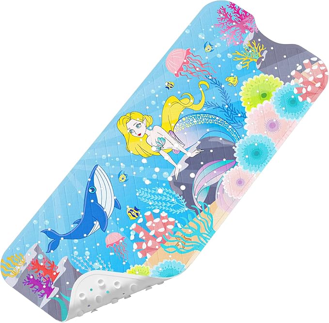 Upgrade Cartoon Baby Bath Mat Non Slip - 40"x16" Extra Long Bathtub Mat for Baby Eco Friendly Durable Bath Mat for Tub Non Slip Kids Tub Mat with Suction Cups, Machine Washable and No Fading, Mermaid