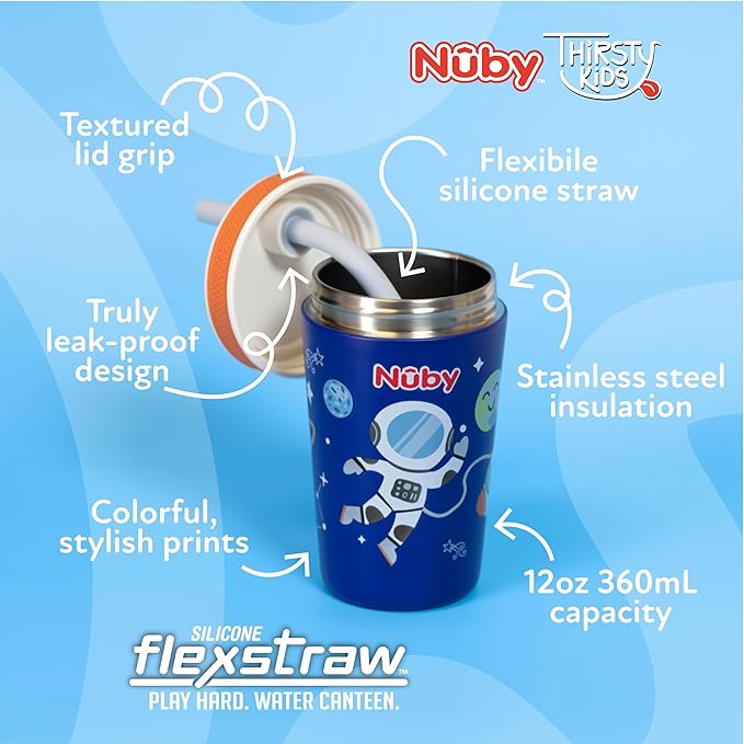 Nuby Thirsty Kids Insulated Toddler Cup with Silicone Flexstraw - 12 oz - Stainless Steel and Leak-Resistant - 18+ Months - Astronaut