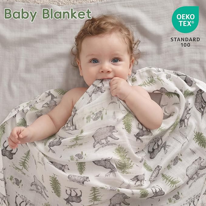 david's kids Muslin Swaddle Blankets, 4 Pack Organic Cotton Baby Blankets, Breathable Soft Receiving Blanket for Boys Girls, Newborn Essentials, Large 47 x 47 inches, Animal & Forest