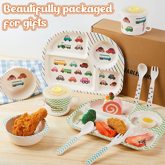 Roshtia 10 Pcs Cartoon Bamboo Kids Dinnerware Set Dinosaur Car Plate and Bowl Set Dishwasher Safe Kids Dish Set Toddler Plates and Utensils Set Car Dinosaur Forks and Spoons for Kids with Cup