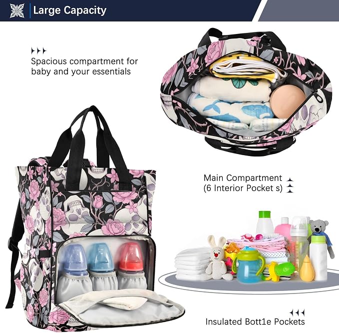 Halftone Skull Rose Diaper Bag – Insulated Pockets, Large Capacity for Mom Dad