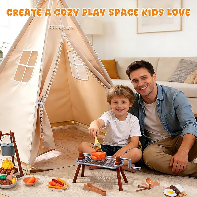 Teepee Tent for Kids with BBQ Pretend Play Toys, Spacious 60??Kids Play Tent Indoor & Outdoor, Foldable Playhouse with Mat & Star Lights, Washable Camping Toys Gift for Boys & Girls Ages 3??