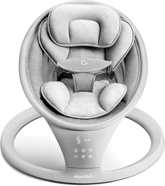 Munchkin Electric Baby Swing with Vibration - Portable Swing for Newborn and Infant, Bluetooth-Enabled Smart Seat with Music, Motion, and Sounds, Light Grey
