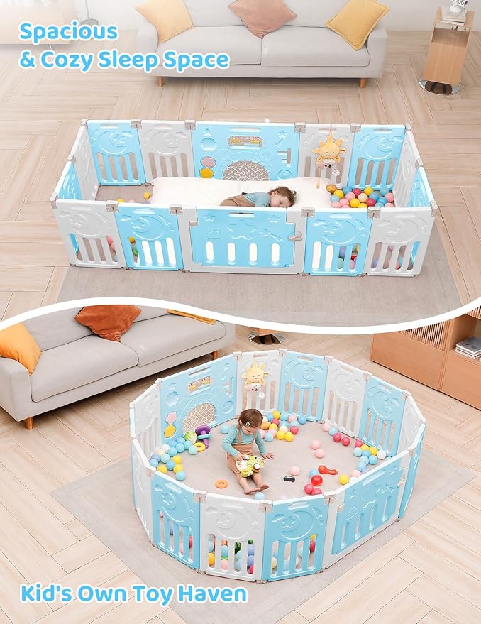 Baby Playpen, Dripex Baby Playard for Babies and Toddlers, 14-Panel Foldable Playpen Adjustable Portable Play Area, Indoor/Outdoor Kids Active Center with Game Panel & Safety Gate, Blue White