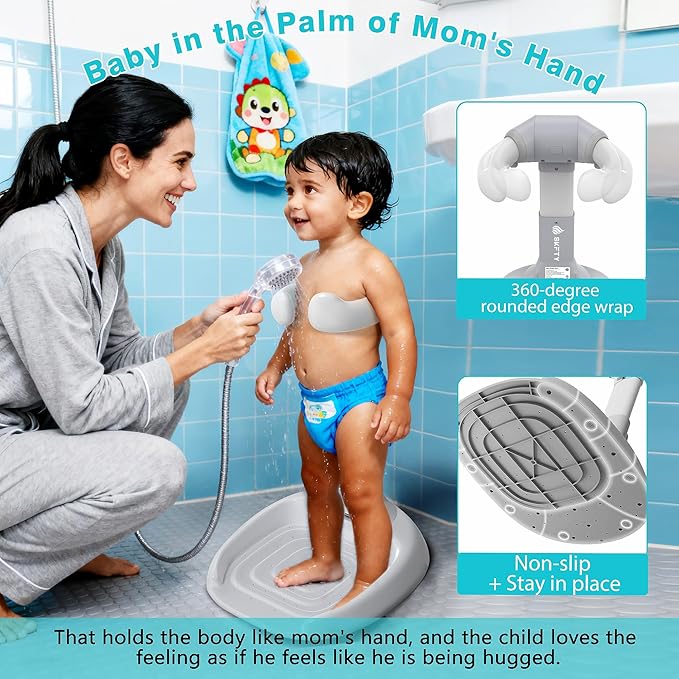 Baby Shower Stand with Anti-Slip Base & Anti-Pinch Silicone, Adjustable Foldable Baby Bath Support for Toddlers 6-36 Months, Portable Standing Helper with Shower Holder | Soporte para Bañera de Bebé
