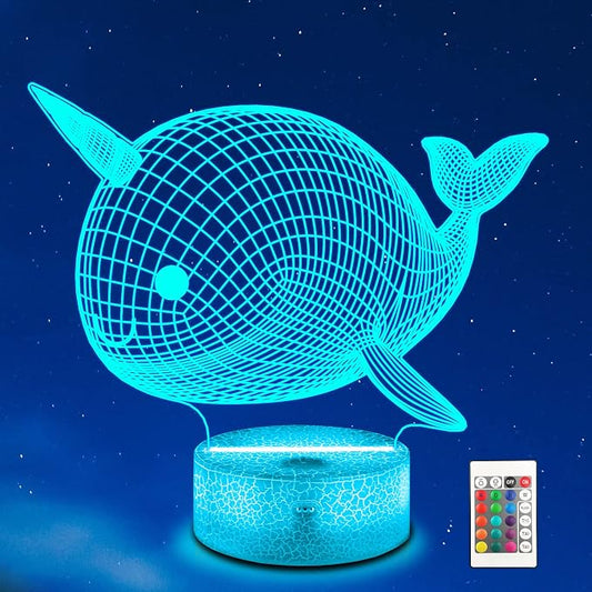 Narwhal 3D Lamp Night Light Unicorn Whale 3D Illusion lamp for Kids, 16 Colors Changing with Remote, Kids Bedroom Decor as Xmas Holiday Birthday Gifts for Boys Girls
