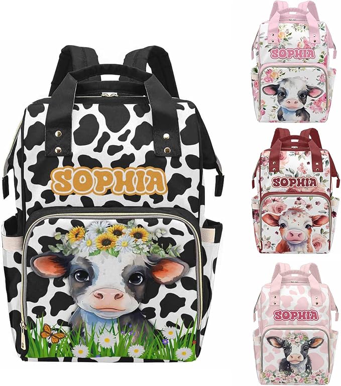 MyPupSocks Customized Name Diaper Bag with Adorable Cow- Tailored Mommy Backpack Comfort for You and Your Little One