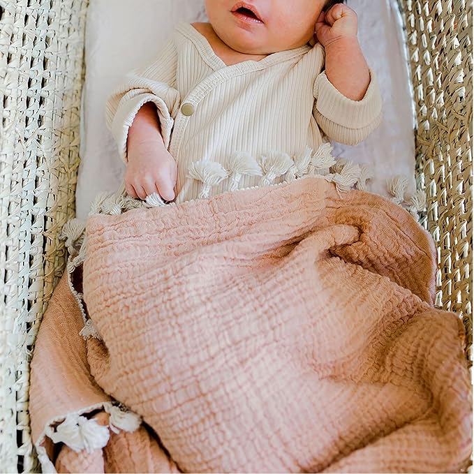 Crane Baby 6-Layer Quilt Muslin Swaddle Blanket, Soft Cotton Lightweight Nursery and Stroller Blanket for Baby Boys & Girls, Copper, 30 X 40
