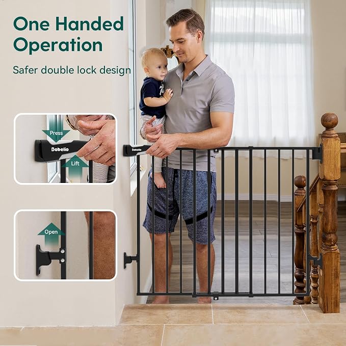 Babelio Baby Gate for Stairs, Kitchen & Doorways, No Bottom Bar| One-Handed Operation| Auto-Close| Hardware Mount (Drill Needed) Safety Dog/Pet Gate (Black - B17, 26-43" W, 28" H)
