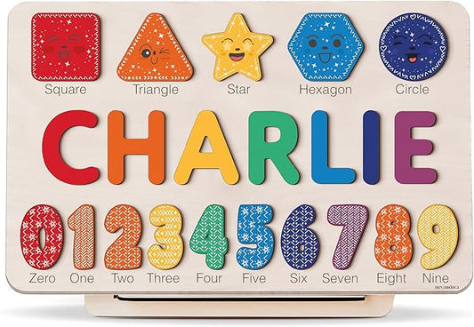 Personalized Wooden Name Puzzle with Numbers & Shapes for Toddlers 1-3 | 11 Color Themes | Montessori Learning Toy, Nursery Keepsake & Perfect 1st Birthday Gift