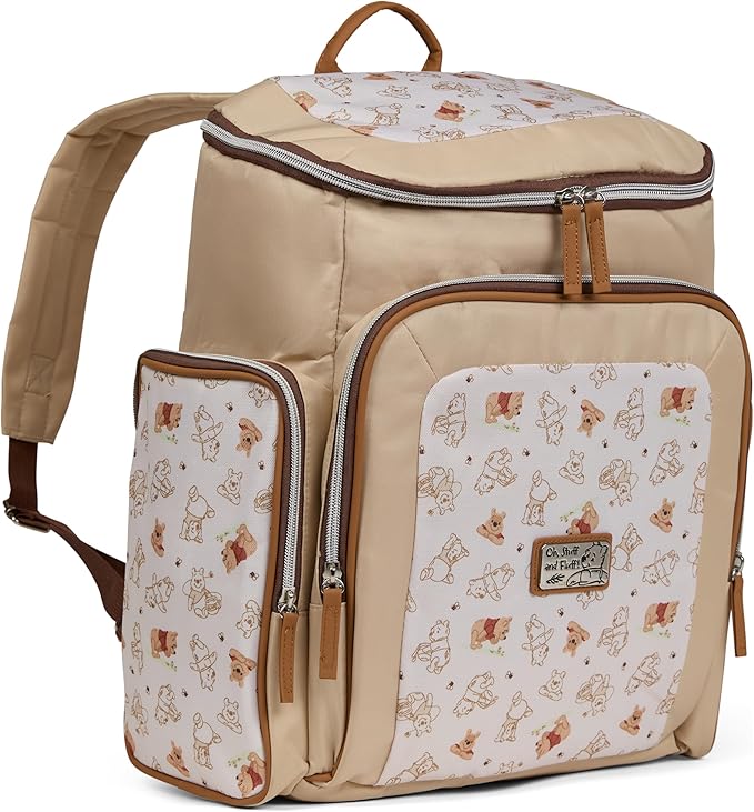 Disney Diaper Bag Backpack with Changing Pad Winnie the Pooh ??16??Nylon Baby Bag for Parents, Insulated Bottle Holders, Multiple Storage Pockets