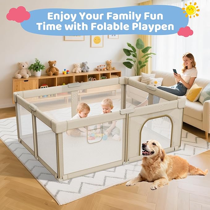 Foldable Baby Playpen: 79??x 71??Super Large Playpen for Babies and Toddlers - Portable Play Pen for Babies with Breathable Mesh & 2 Pulling Handle - Baby Play Yard for Outdoor & Indoor