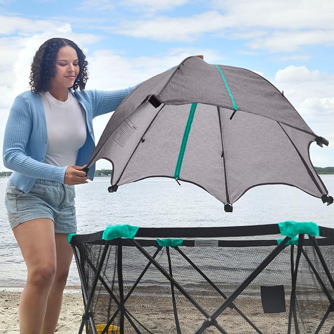 Summer Infant Pop ?˜N Play Deluxe Ultimate Playard, Aqua Splash - Full Coverage Indoor/Outdoor Portable Play Pen with Fast, Easy and Compact Fold