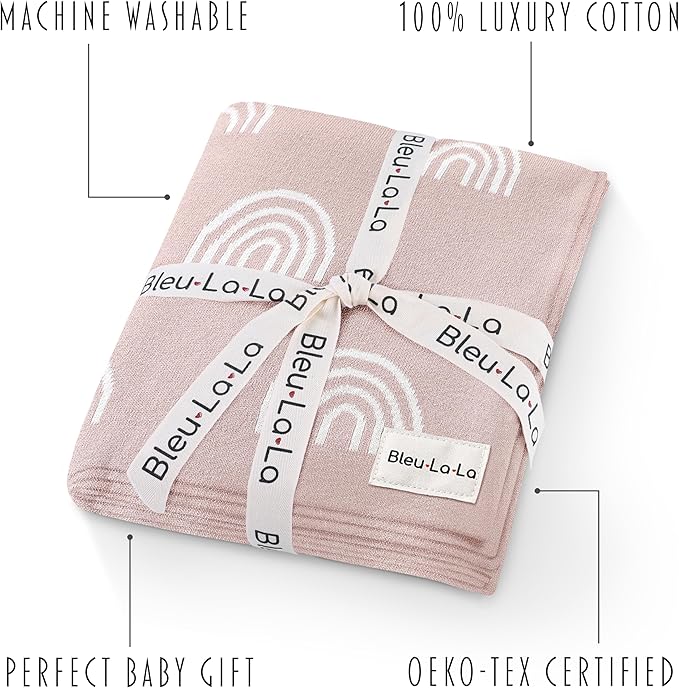 Knit Baby Swaddle Blanket for Girls - 100% Cotton Buttery Soft Cozy Receiving Swaddle Stroller Blanket for Shower Gift Registry for Newborns, Infants, Toddlers (Rainbow - Pink)
