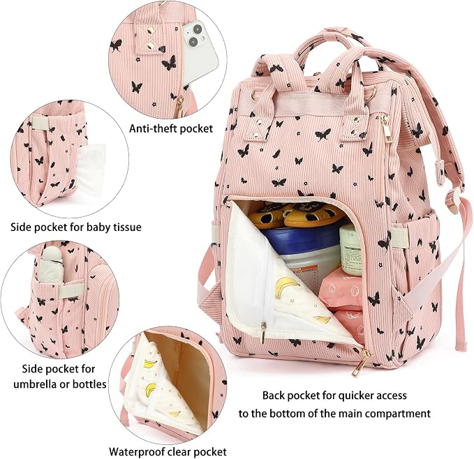 Corduroy Diaper Bag Backpack for Baby Girls Boys, Women Large Nappy Bags for Mom (Pink Corduroy Butterfly)