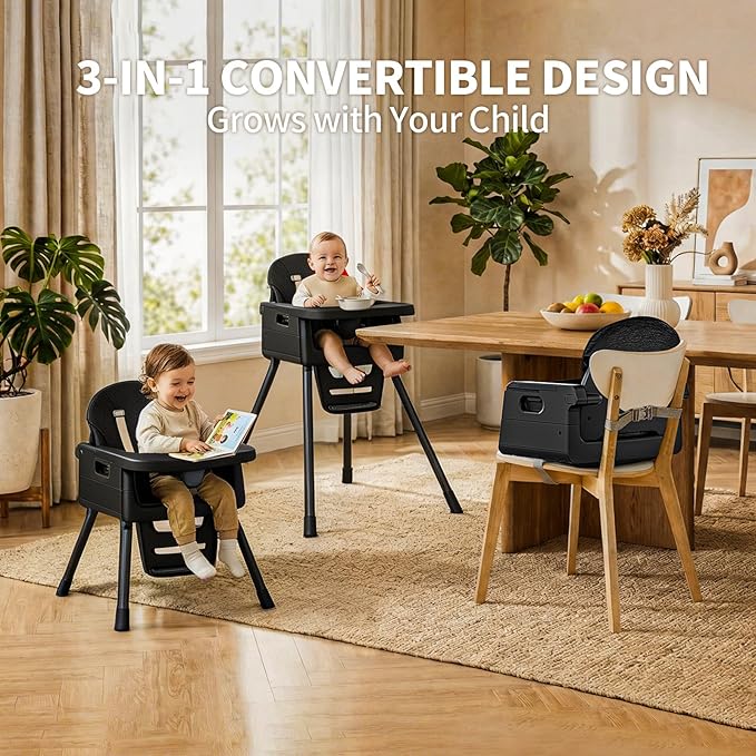 Portable High Chairs for Babies and Toddlers, Convertible Baby Feeding Chair with Tray, Easy Clean High Chair for Toddler with Foot Rest, Infant Highchairs & Booster Seats with Cushion Black