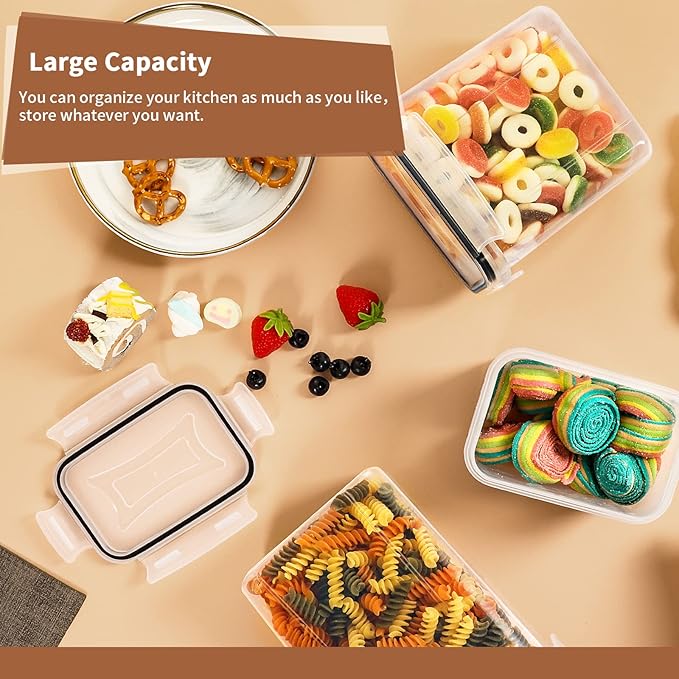 PRAKI Airtight Food Storage Containers Set, 16 Pcs BPA Free Plastic Dry Food Canisters for Kitchen Pantry Organization and Storage Ideal for Cereal, Flour & Sugar - Labels, Marker(Black)